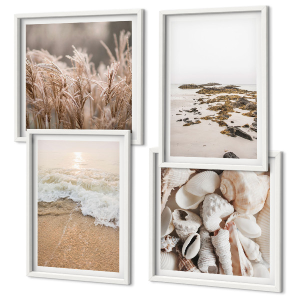 Set of 4 wall art pieces Beach grass waves stones boho