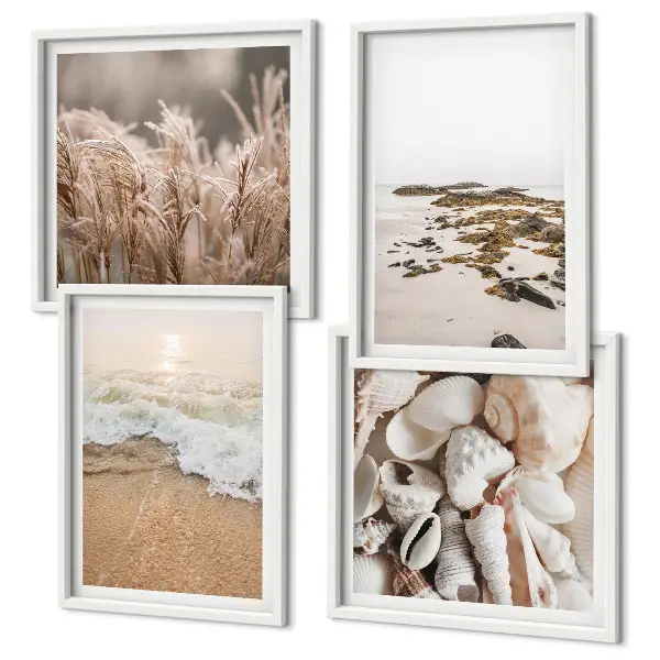 Set of 4 wall art pieces boho beach grass, waves, and stones design