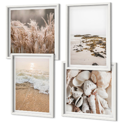 Set of 4 wall art pieces Beach grass waves stones boho