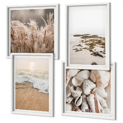 Set of 4 wall art pieces boho beach grass, waves, and stones design