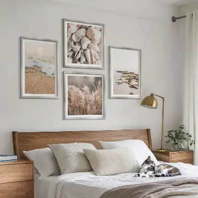 Set of 4 wall art pieces boho beach grass, waves, and stones design