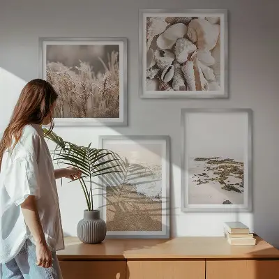 Set of 4 wall art pieces boho beach grass, waves, and stones design