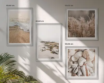 Set of 4 wall art pieces boho beach grass, waves, and stones design