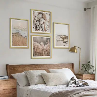 Set of 4 wall art pieces boho beach grass, waves, and stones design