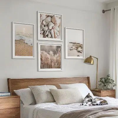 Set of 4 wall art pieces boho beach grass, waves, and stones design