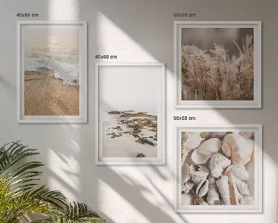 Set of 4 wall art pieces boho beach grass, waves, and stones design