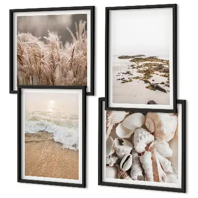 Set of 4 wall art pieces boho beach grass, waves, and stones design