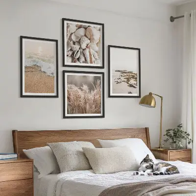 Set of 4 wall art pieces boho beach grass, waves, and stones design