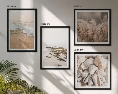 Set of 4 wall art pieces boho beach grass, waves, and stones design