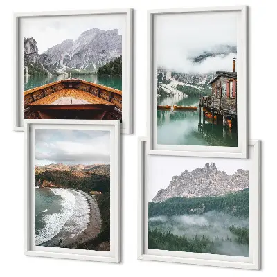 Multi-piece wall decor set featuring mountain, beach, house, and boat designs in wood