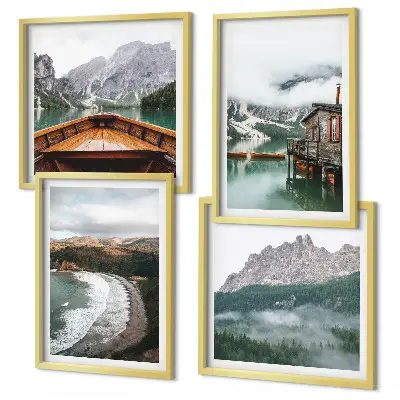 Multi-piece wall decor set featuring mountain, beach, house, and boat designs in wood