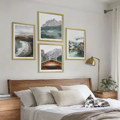 Multi-piece wall decor set featuring mountain, beach, house, and boat designs in wood