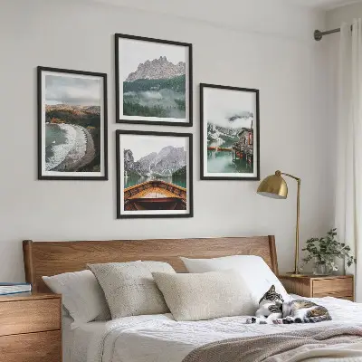 Multi-piece wall decor set featuring mountain, beach, house, and boat designs in wood