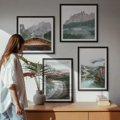 Multi-piece wall decor set featuring mountain, beach, house, and boat designs in wood