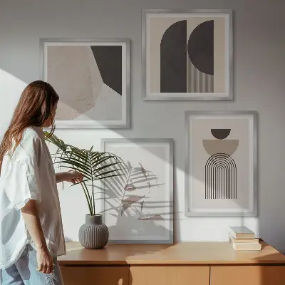 Abstract wall art set set of 4 pieces with white and brown patterns