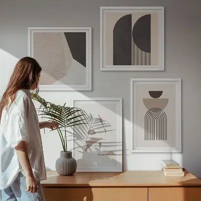 Abstract wall art set set of 4 pieces with white and brown patterns