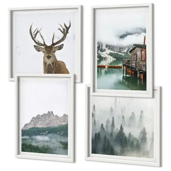 Multi-piece wall decor set mountains, lake, deer, and cottage in the fog