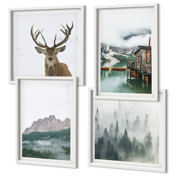 Multi-piece wall decor set Mountains lake deer cottage fog