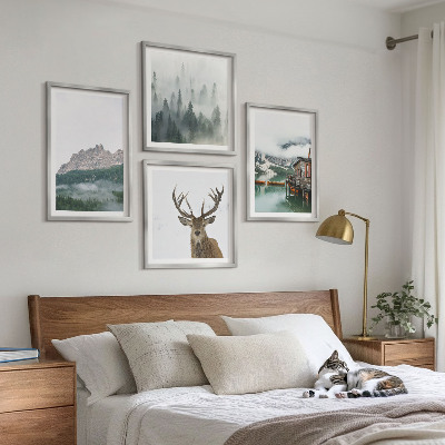 Multi-piece wall decor set Mountains lake deer cottage fog