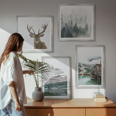 Multi-piece wall decor set Mountains lake deer cottage fog