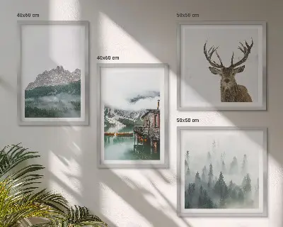 Multi-piece wall decor set mountains, lake, deer, and cottage in the fog