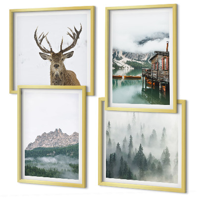 Multi-piece wall decor set Mountains lake deer cottage fog