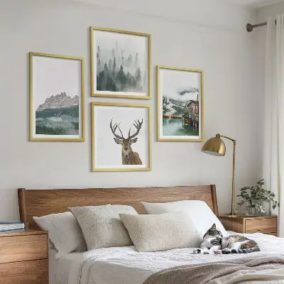 Multi-piece wall decor set mountains, lake, deer, and cottage in the fog
