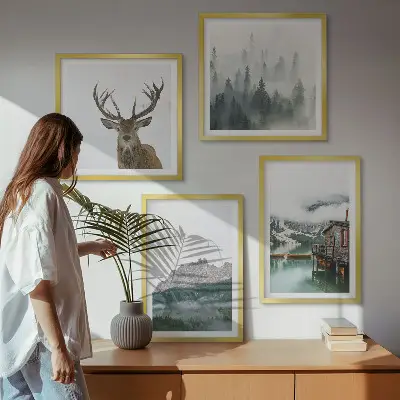 Multi-piece wall decor set mountains, lake, deer, and cottage in the fog