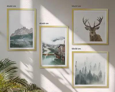 Multi-piece wall decor set mountains, lake, deer, and cottage in the fog
