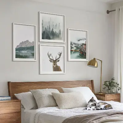 Multi-piece wall decor set mountains, lake, deer, and cottage in the fog