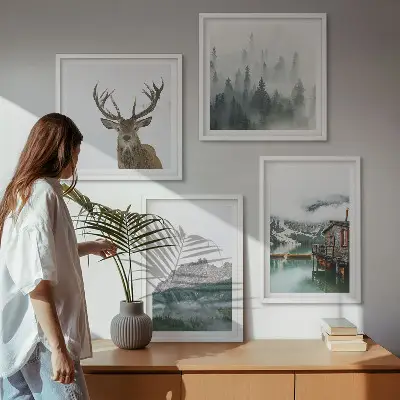 Multi-piece wall decor set mountains, lake, deer, and cottage in the fog