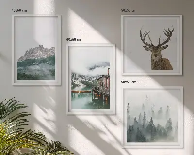 Multi-piece wall decor set mountains, lake, deer, and cottage in the fog