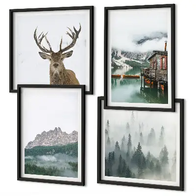 Multi-piece wall decor set mountains, lake, deer, and cottage in the fog