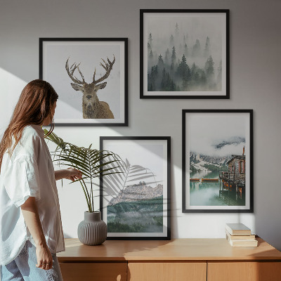 Multi-piece wall decor set Mountains lake deer cottage fog