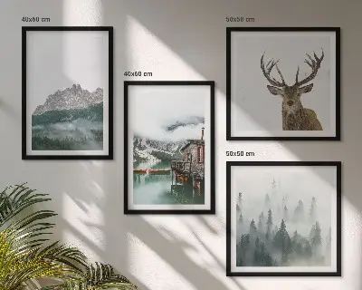 Multi-piece wall decor set mountains, lake, deer, and cottage in the fog