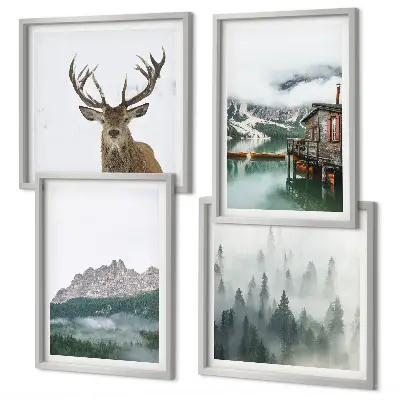 Multi-piece wall decor set mountains, lake, deer, and cottage in the fog
