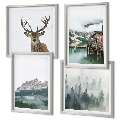Multi-piece wall decor set Mountains lake deer cottage fog