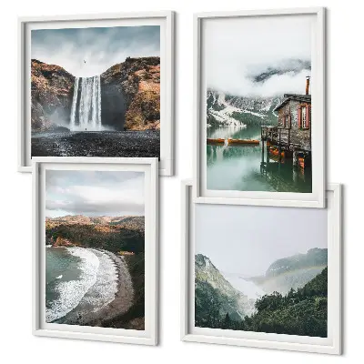 Multi-piece wall art set featuring a mountain, beach, and cloud landscape