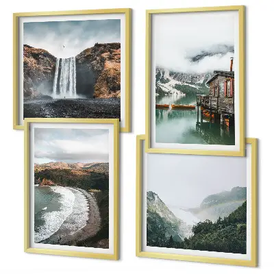 Multi-piece wall art set featuring a mountain, beach, and cloud landscape