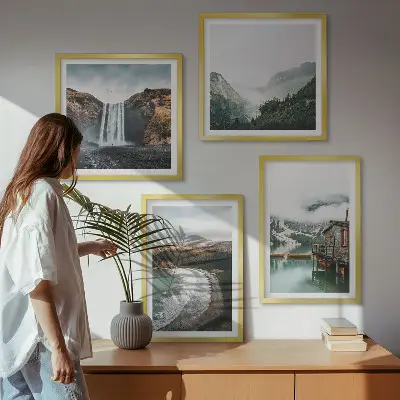Multi-piece wall art set featuring a mountain, beach, and cloud landscape