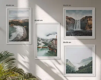 Multi-piece wall art set featuring a mountain, beach, and cloud landscape
