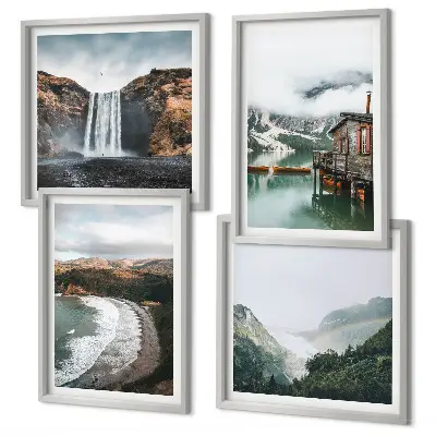 Multi-piece wall art set featuring a mountain, beach, and cloud landscape