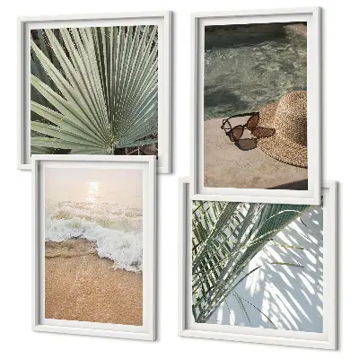 Wall art set featuring a beach scene with a hat and sunglasses