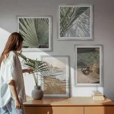 Wall art set featuring a beach scene with a hat and sunglasses