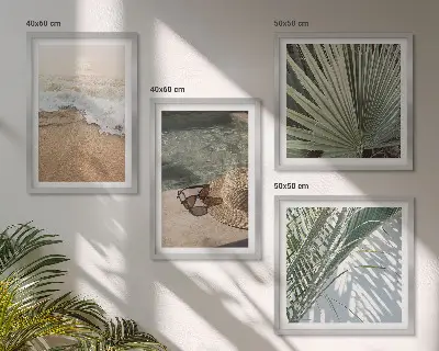 Wall art set featuring a beach scene with a hat and sunglasses