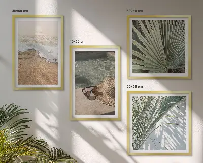 Wall art set featuring a beach scene with a hat and sunglasses
