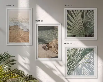 Wall art set featuring a beach scene with a hat and sunglasses