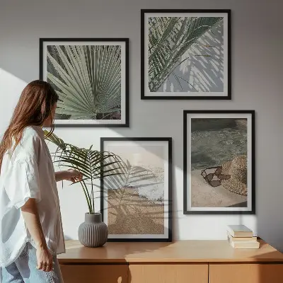 Wall art set featuring a beach scene with a hat and sunglasses