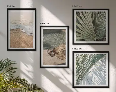 Wall art set featuring a beach scene with a hat and sunglasses
