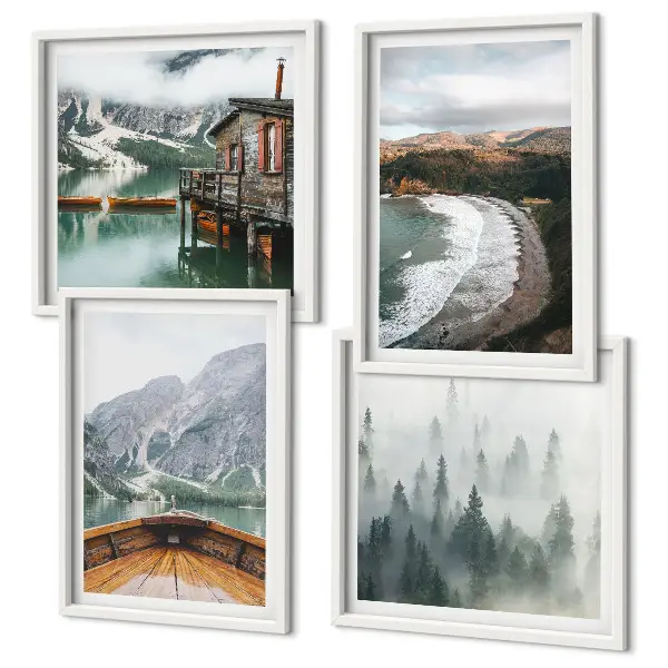 Set of 4 wall art pieces Mountains, lake, boat, fog, beach